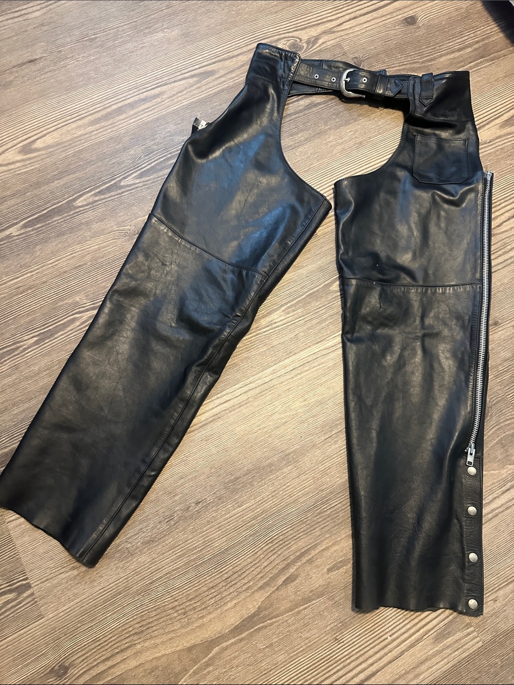 Men's Black Leather Straight-Leg Chaps with Buckle Waist